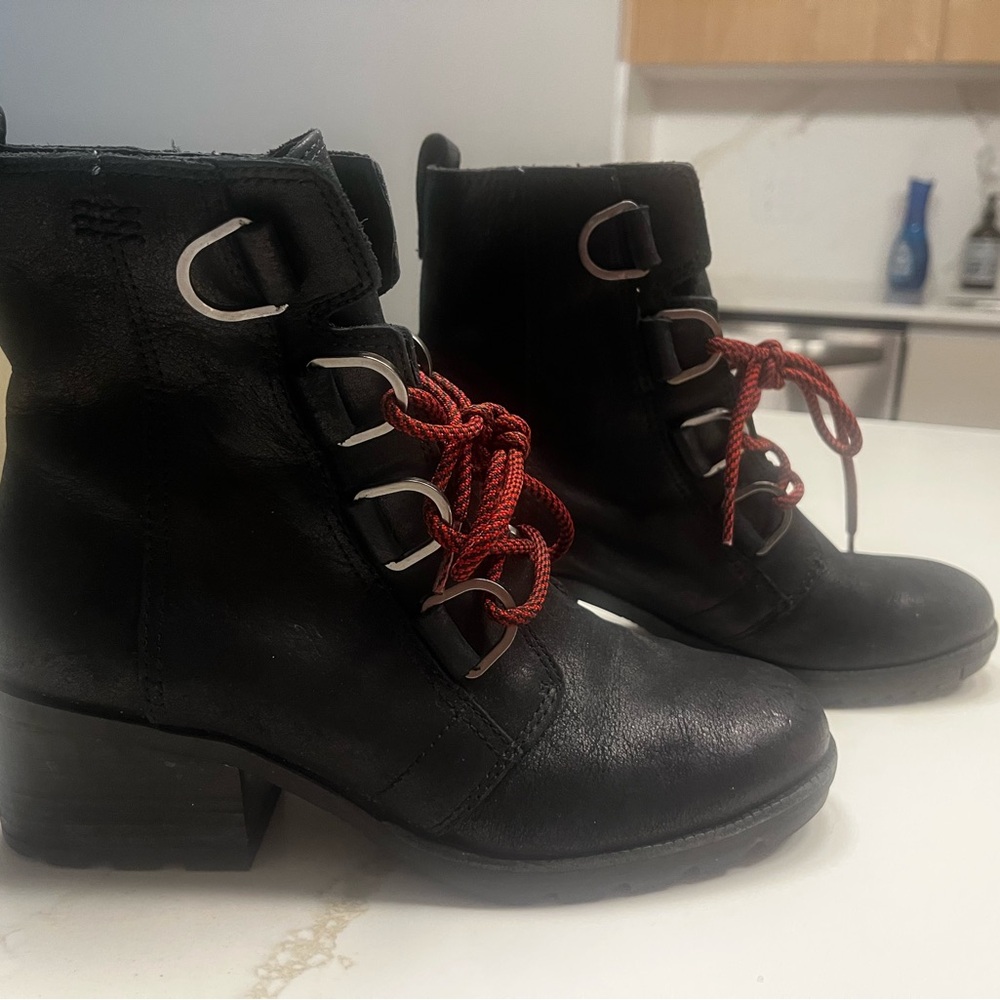 Sorel Black and Red Lace Up Boots with Rugged Sole